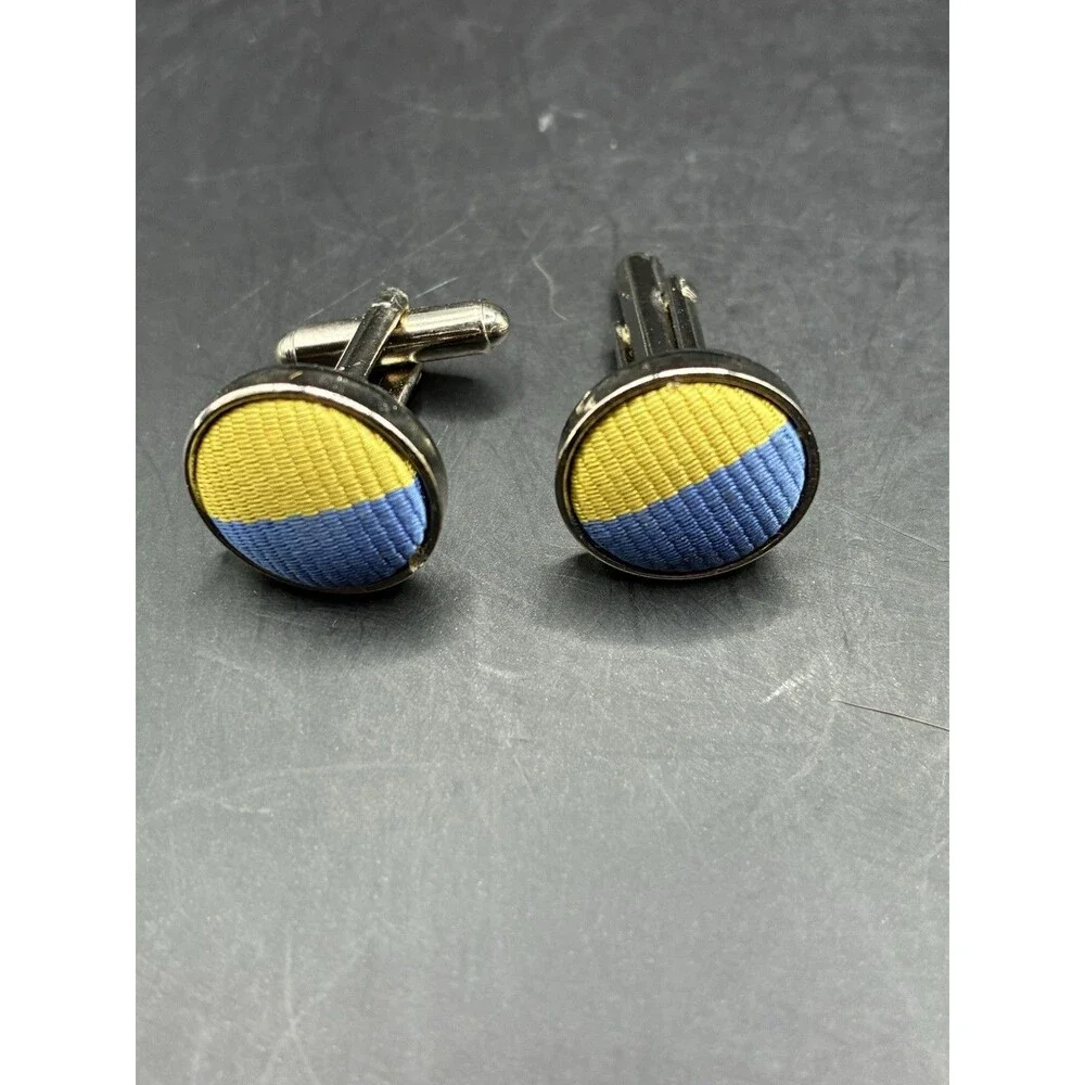 Vintage Silver Tone Cufflinks Blue Gold Woven Fabric Inlay Round Mid Century